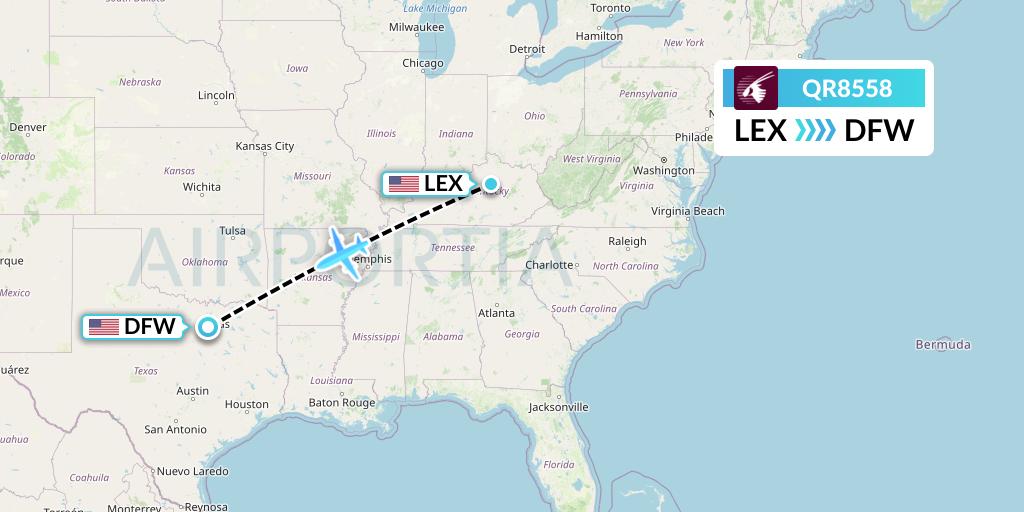 QR8558 Qatar Airways Flight Map: Lexington to Dallas