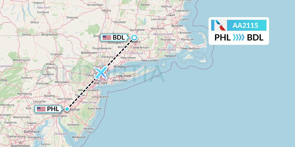 AA2115 American Airlines Flight Map: Philadelphia to Windsor Locks