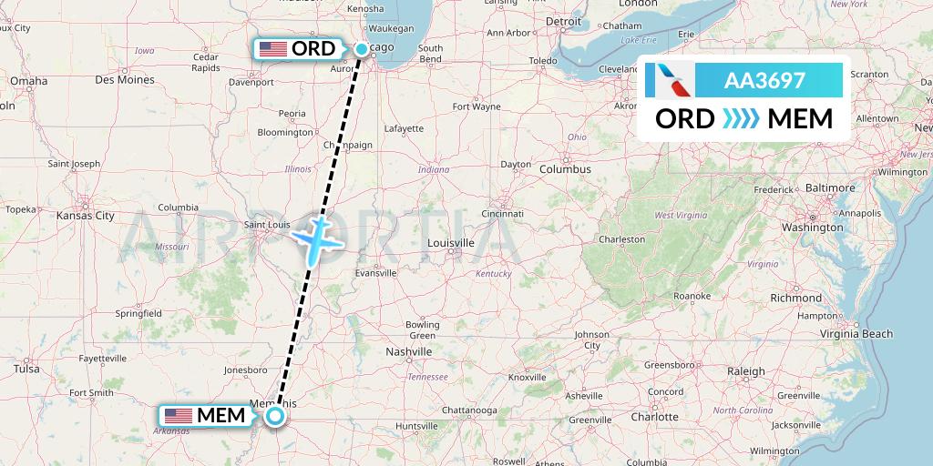 AA3697 American Airlines Flight Map: Chicago to Memphis