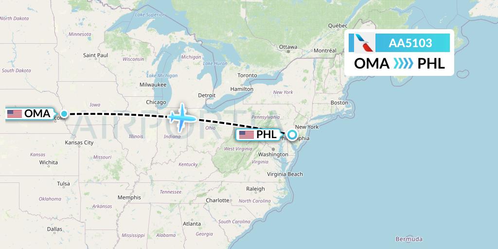 AA5103 American Airlines Flight Map: Omaha to Philadelphia
