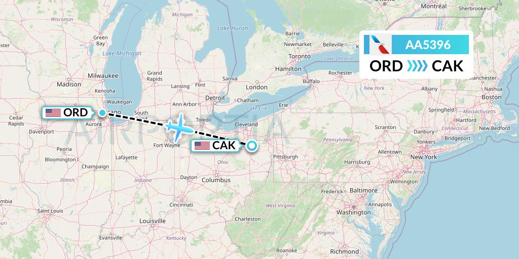 AA5396 American Airlines Flight Map: Chicago to Akron