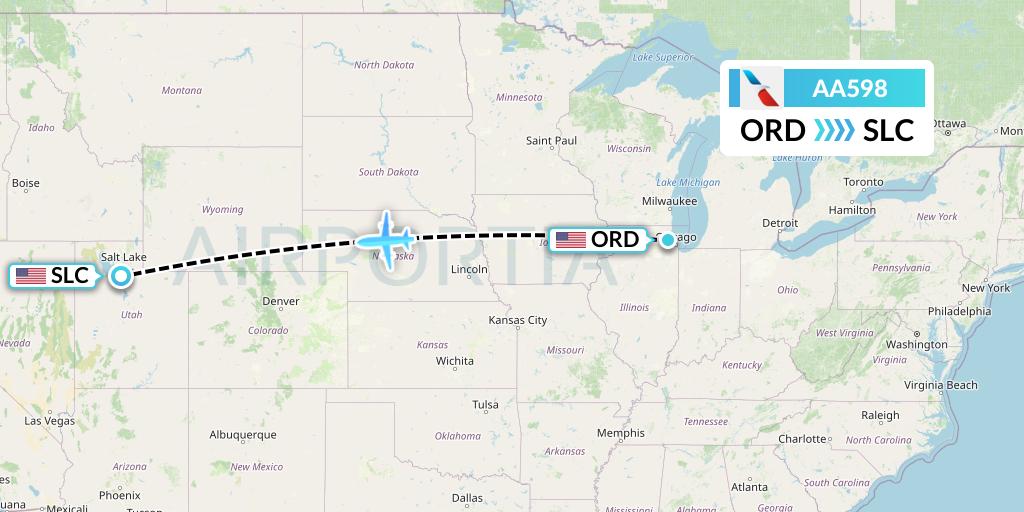 AA598 American Airlines Flight Map: Chicago to Salt Lake City