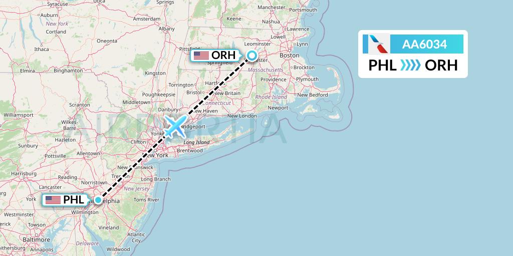AA6034 American Airlines Flight Map: Philadelphia to Worcester