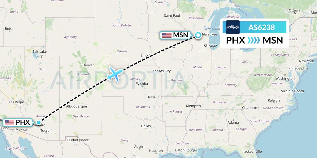 AS6238 Alaska Airlines Flight Map: Phoenix to Madison