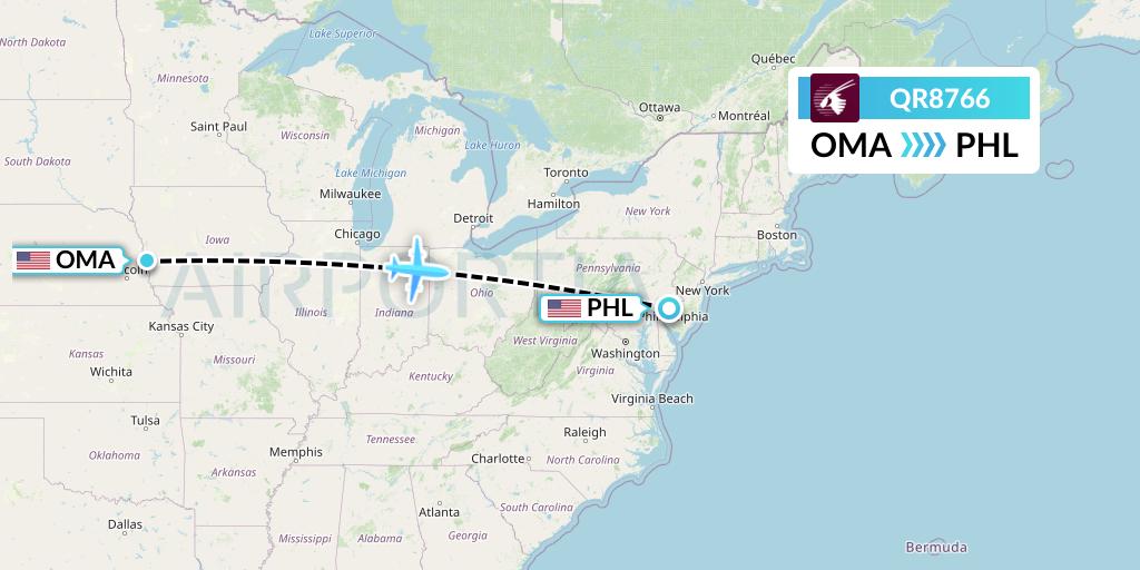 QR8766 Qatar Airways Flight Map: Omaha to Philadelphia