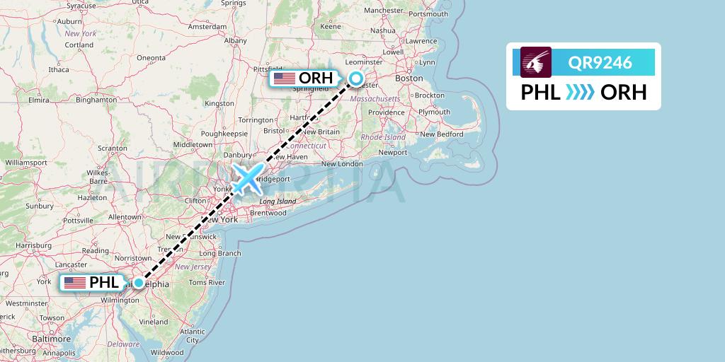 QR9246 Qatar Airways Flight Map: Philadelphia to Worcester