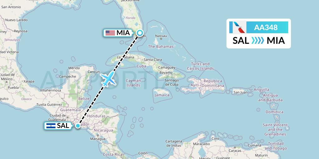 AA348 American Airlines Flight Map: San Salvador to Miami
