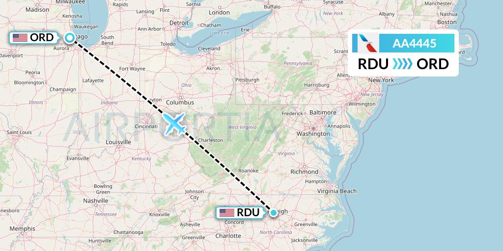 AA4445 American Airlines Flight Map: Raleigh-Durham to Chicago