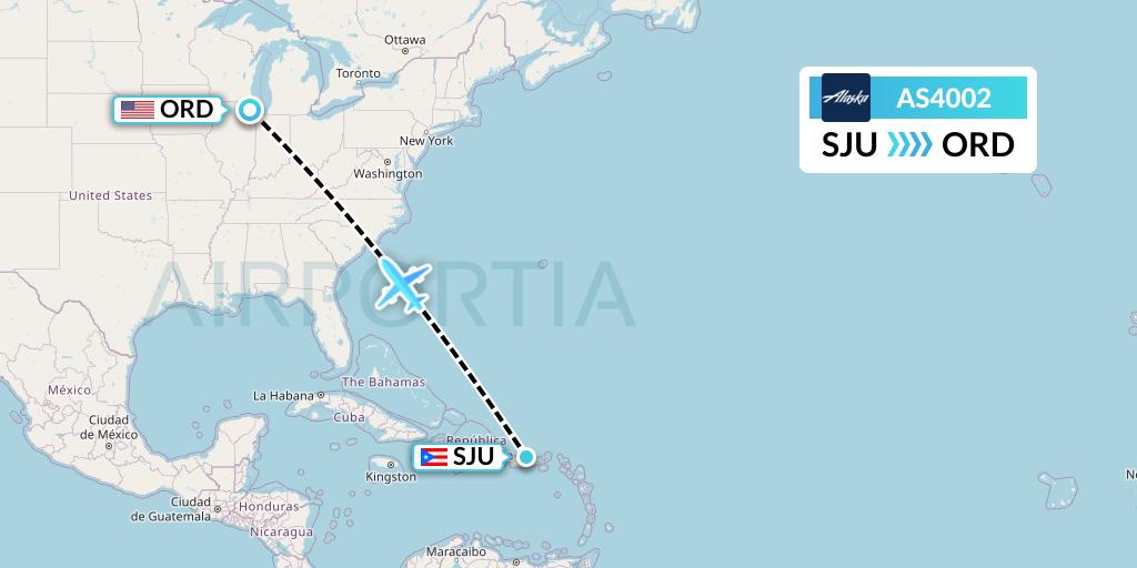 AS4002 Alaska Airlines Flight Map: San Juan to Chicago