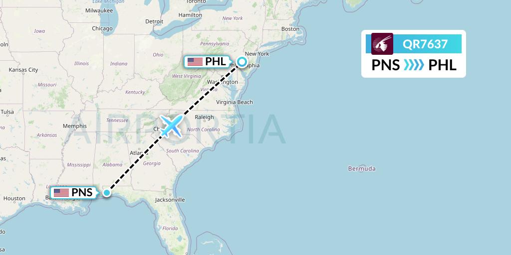 QR7637 Qatar Airways Flight Map: Pensacola to Philadelphia