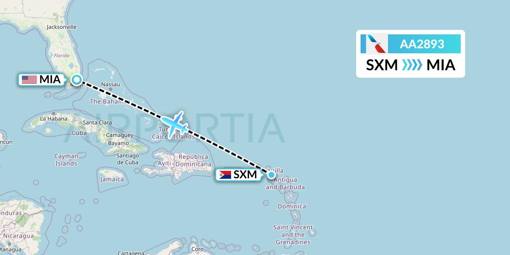 AA2893 American Airlines Flight Map: Sint Maarten to Miami