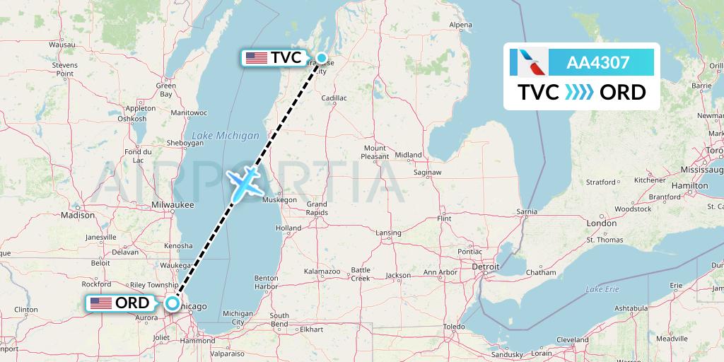 AA4307 American Airlines Flight Map: Traverse City to Chicago