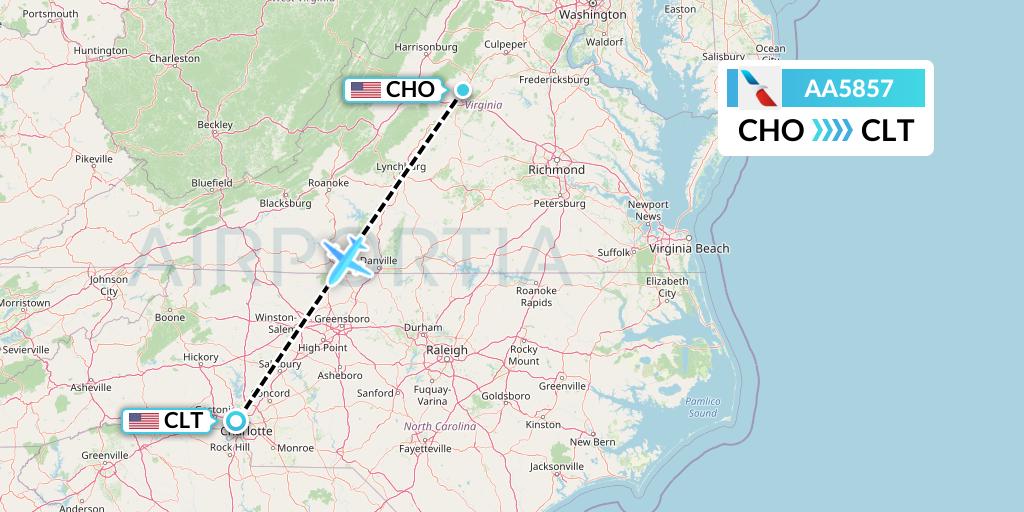 AA5857 American Airlines Flight Map: Charlottesville to Charlotte