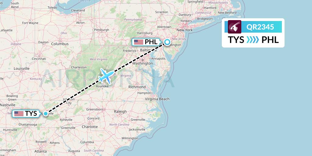 QR2345 Qatar Airways Flight Map: Knoxville to Philadelphia