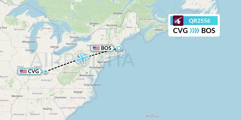 QR2556 Qatar Airways Flight Map: Cincinnati to Boston