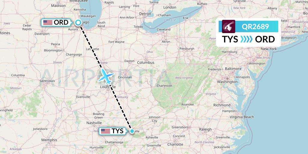 QR2689 Qatar Airways Flight Map: Knoxville to Chicago