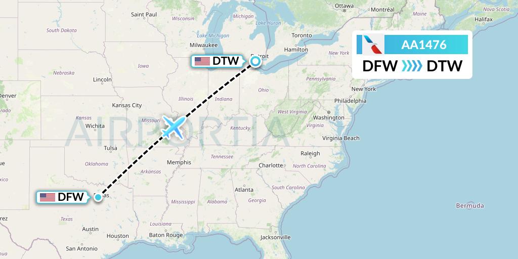 AA1476 American Airlines Flight Map: Dallas to Detroit