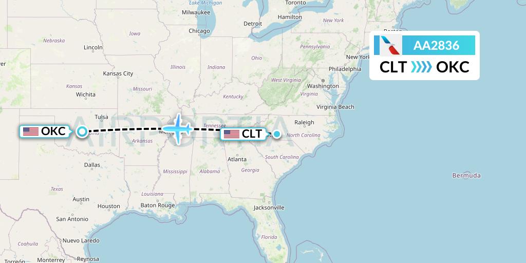 AA2836 American Airlines Flight Map: Charlotte to Oklahoma City