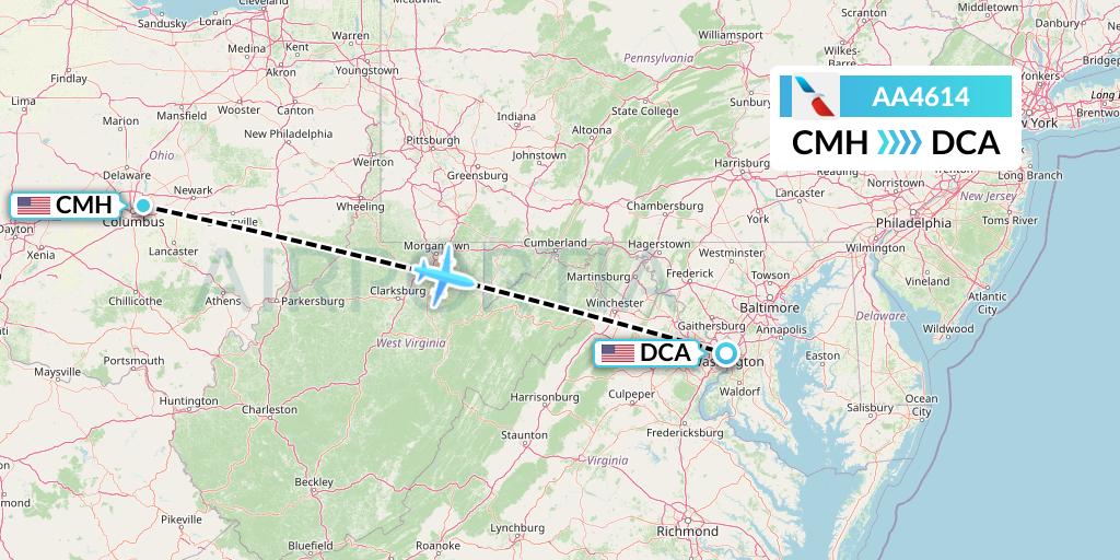 AA4614 American Airlines Flight Map: Columbus to Washington