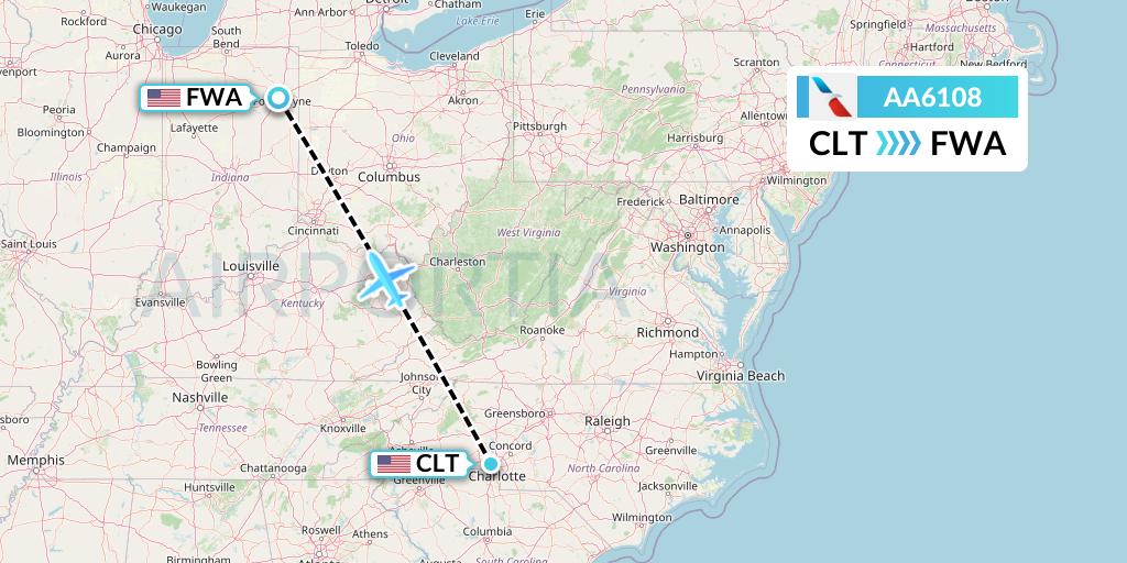 AA6108 American Airlines Flight Map: Charlotte to Fort Wayne