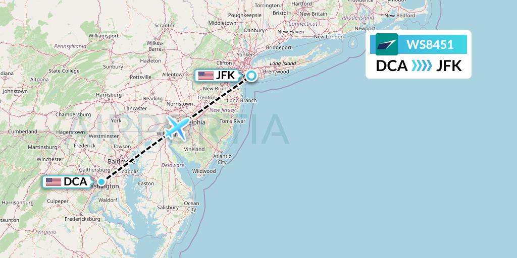 WS8451 WestJet Flight Map: Washington to New York