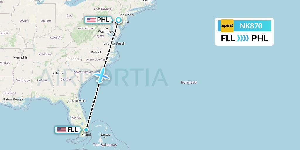 NK870 Spirit Airlines Flight Map: Fort Lauderdale to Philadelphia