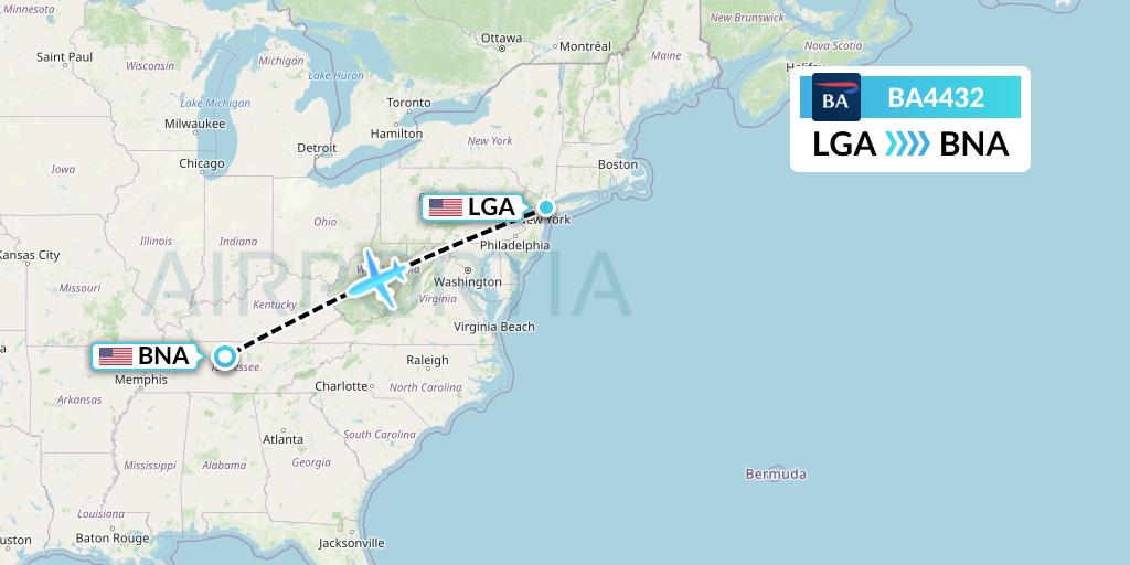 BA4432 British Airways Flight Map: New York to Nashville