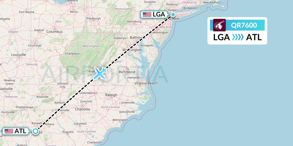 QR7600 Qatar Airways Flight Map: New York to Atlanta