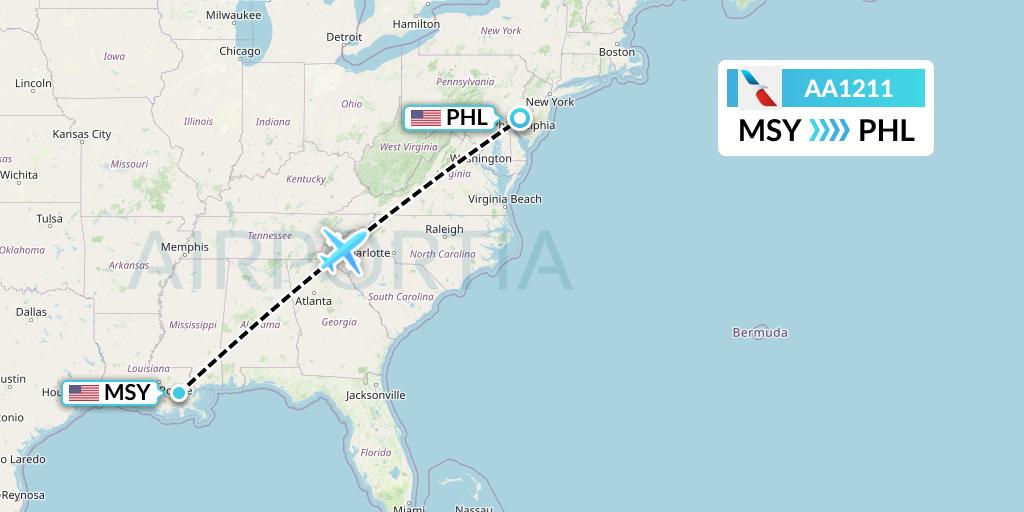 AA1211 American Airlines Flight Map: New Orleans to Philadelphia