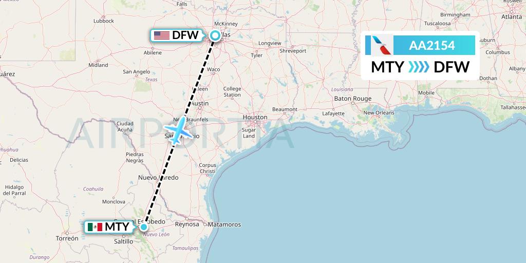 AA2154 American Airlines Flight Map: Monterrey to Dallas