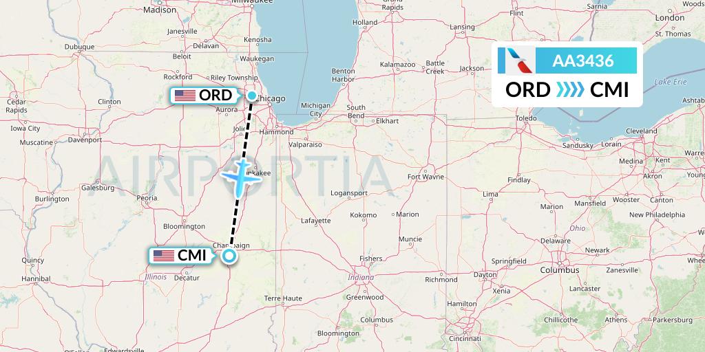 AA3436 American Airlines Flight Map: Chicago to Champaign