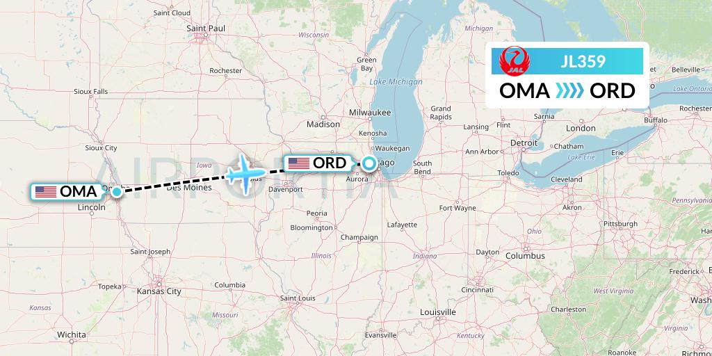 JL359 Japan Airlines Flight Map: Omaha to Chicago