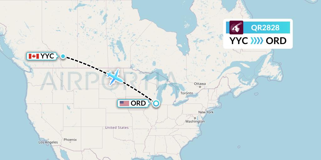 QR2828 Qatar Airways Flight Map: Calgary to Chicago
