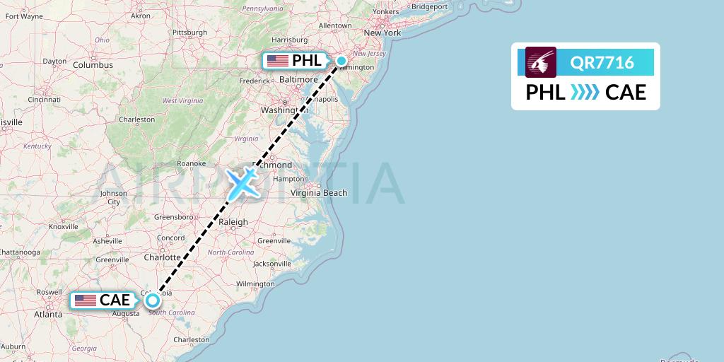 QR7716 Qatar Airways Flight Map: Philadelphia to Columbia