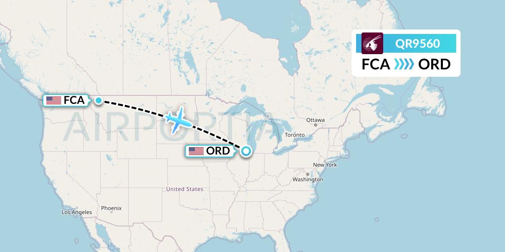 QR9560 Qatar Airways Flight Map: Kalispell to Chicago
