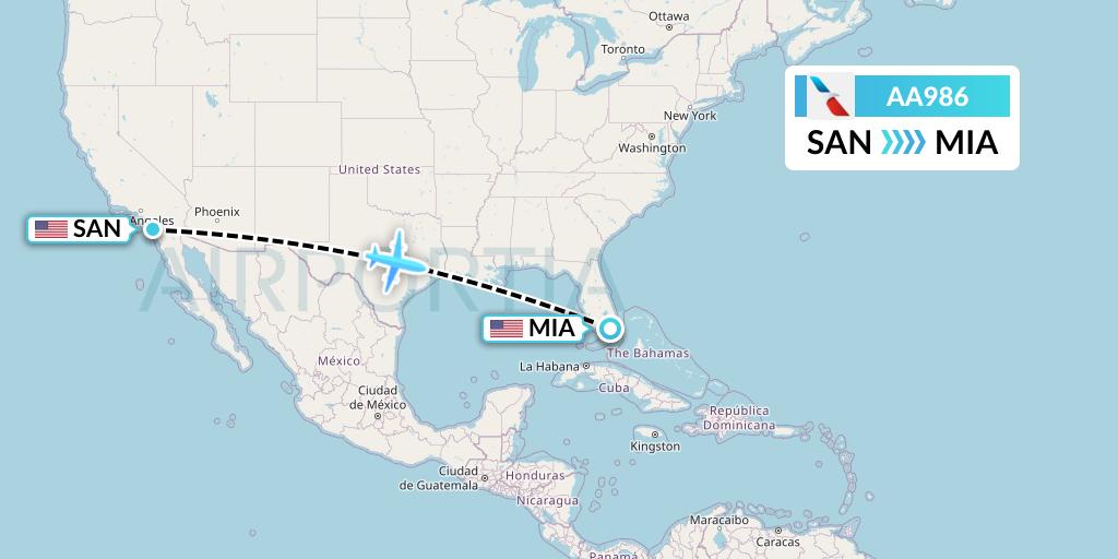 AA986 American Airlines Flight Map: San Diego to Miami