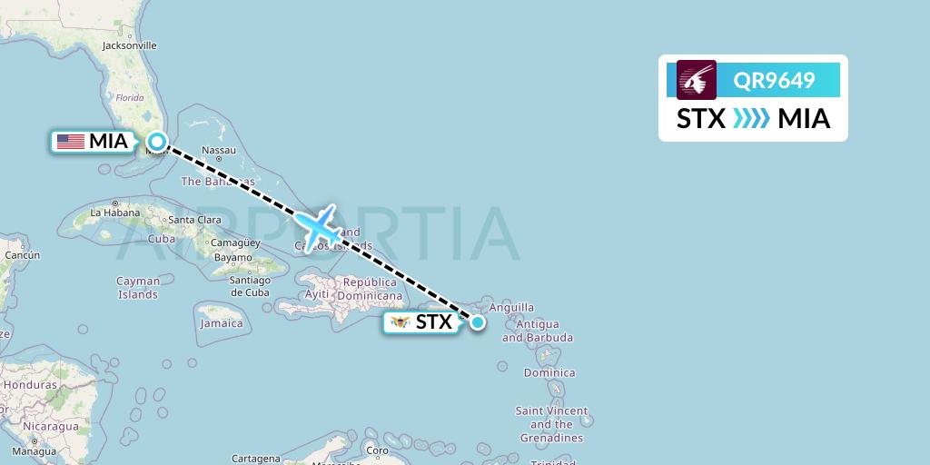 QR9649 Qatar Airways Flight Map: St. Croix to Miami