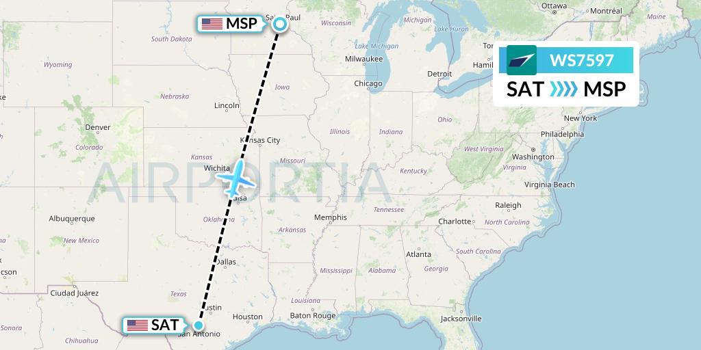 WS7597 WestJet Flight Map: San Antonio to Minneapolis