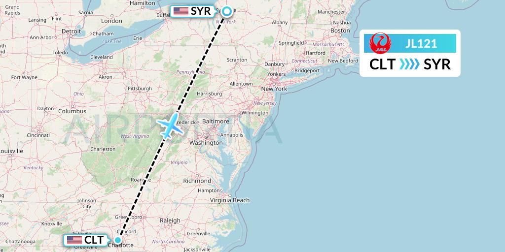 JL121 Japan Airlines Flight Map: Charlotte to Syracuse