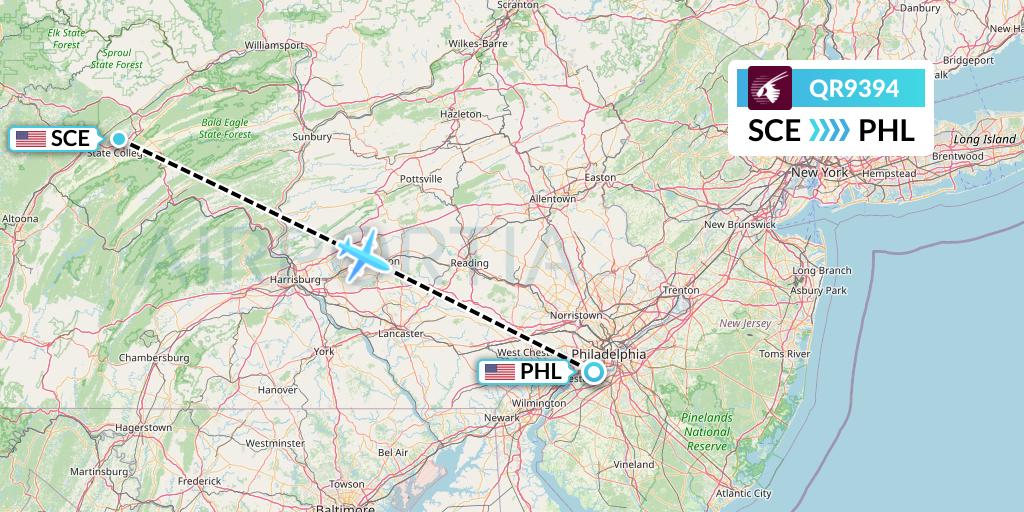 QR9394 Qatar Airways Flight Map: State College to Philadelphia