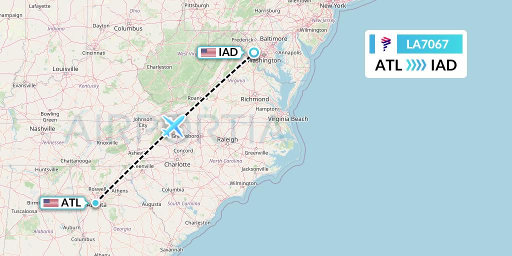 LA7067 LAN Airlines Flight Map: Atlanta to Washington
