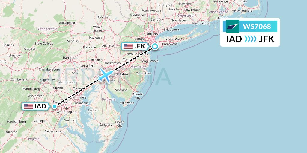 WS7068 WestJet Flight Map: Washington to New York