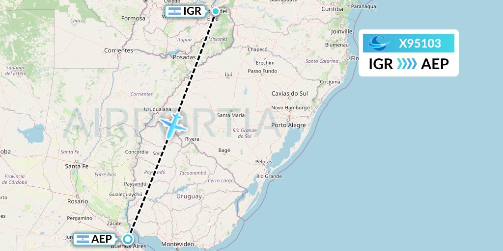 X95103 Avion Express Flight Map: Puerto Iguazu to Buenos Aires
