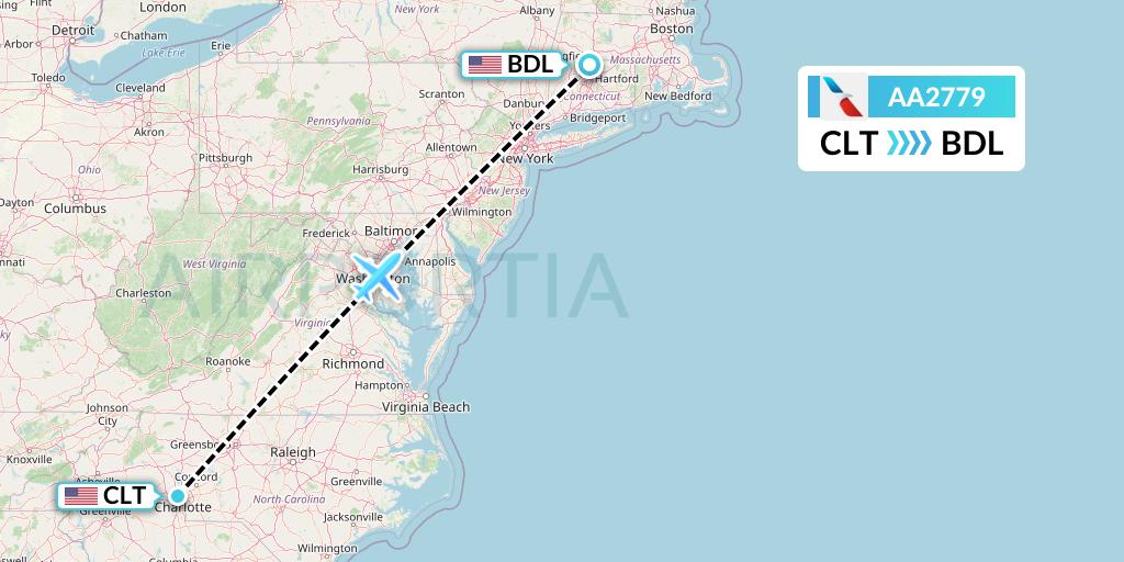 AA2779 American Airlines Flight Map: Charlotte to Windsor Locks
