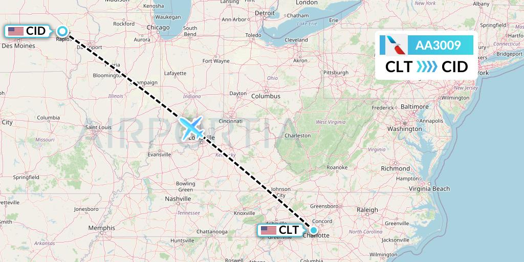 AA3009 American Airlines Flight Map: Charlotte to Cedar Rapids