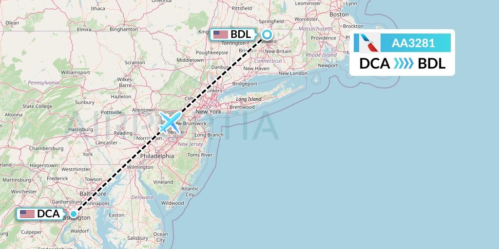AA3281 American Airlines Flight Map: Washington to Windsor Locks