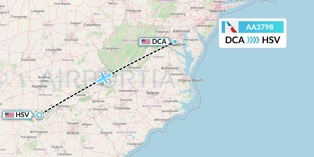 AA3798 American Airlines Flight Map: Washington to Huntsville