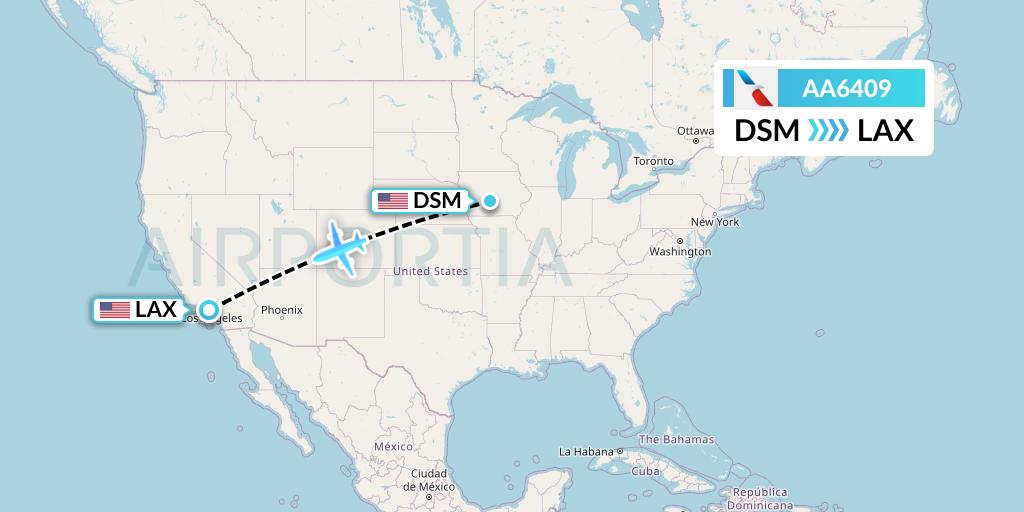 AA6409 American Airlines Flight Map: Des Moines to Los Angeles