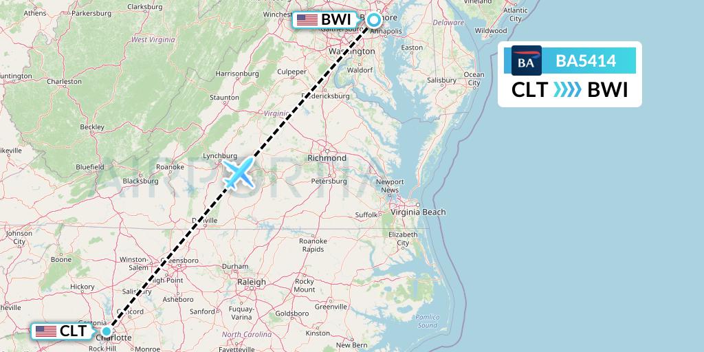BA5414 British Airways Flight Map: Charlotte to Baltimore