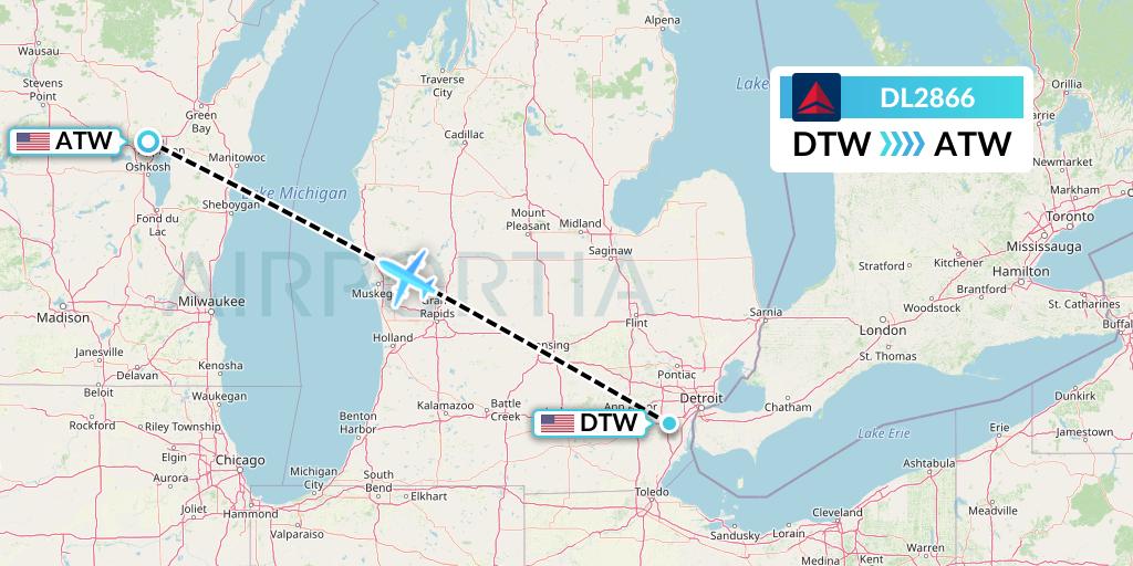 DL2866 Delta Air Lines Flight Map: Detroit to Appleton